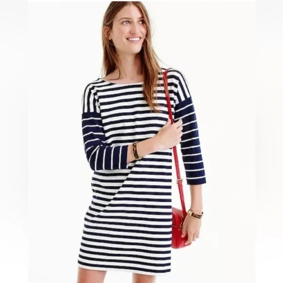j crew cotton shift dress J. Crew Striped Relaxed Cotton Shift Mini Dress, Navy Blue White 3/4 sleeve, S